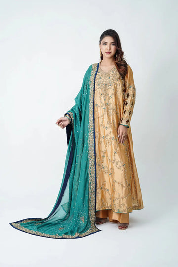 Sajal gold teal sheesha silk wedding suit with silk dupatta Pakistani designer formal by MariamRaj