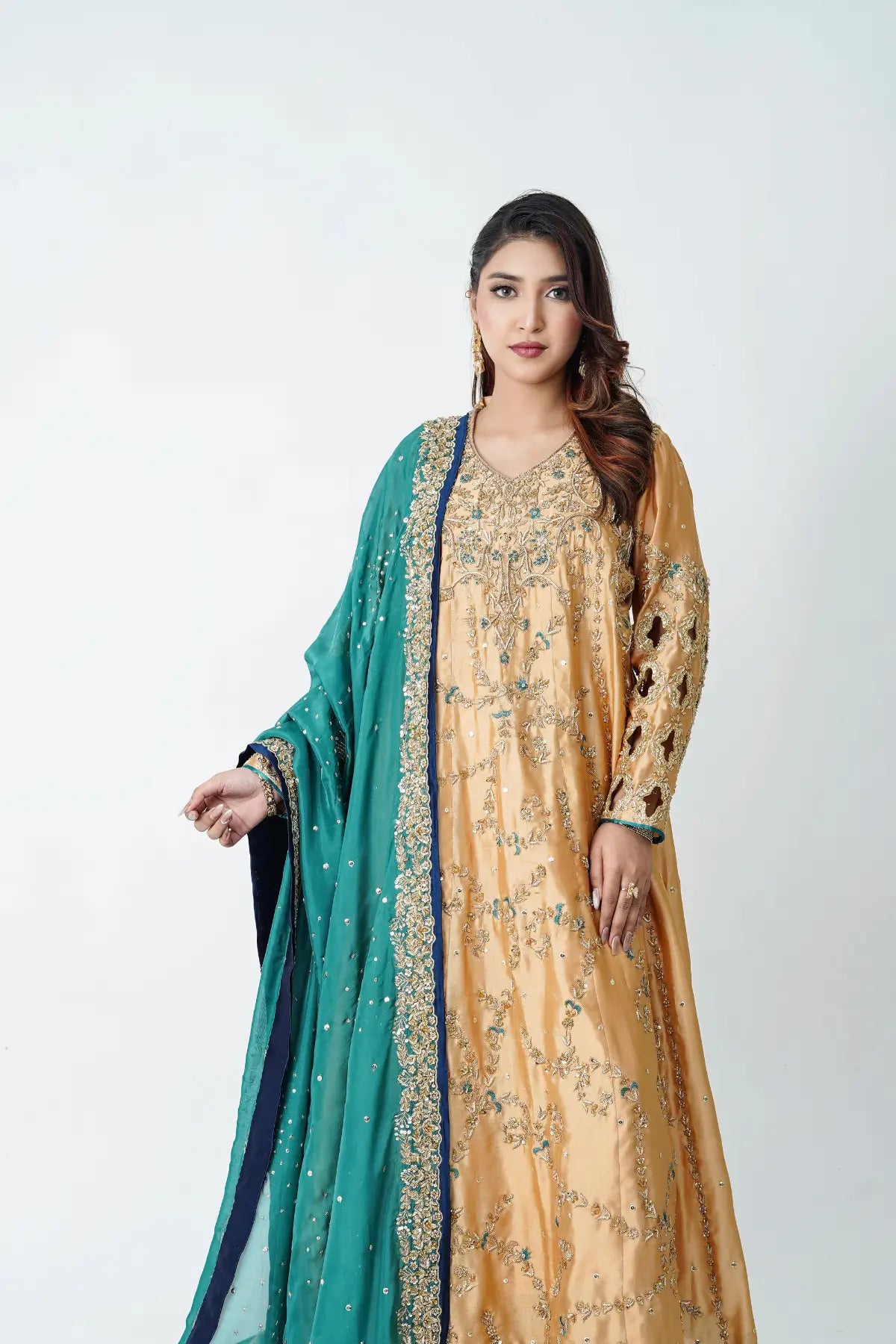 Sajal gold teal sheesha silk wedding suit with silk dupatta Pakistani designer formal by MariamRaj