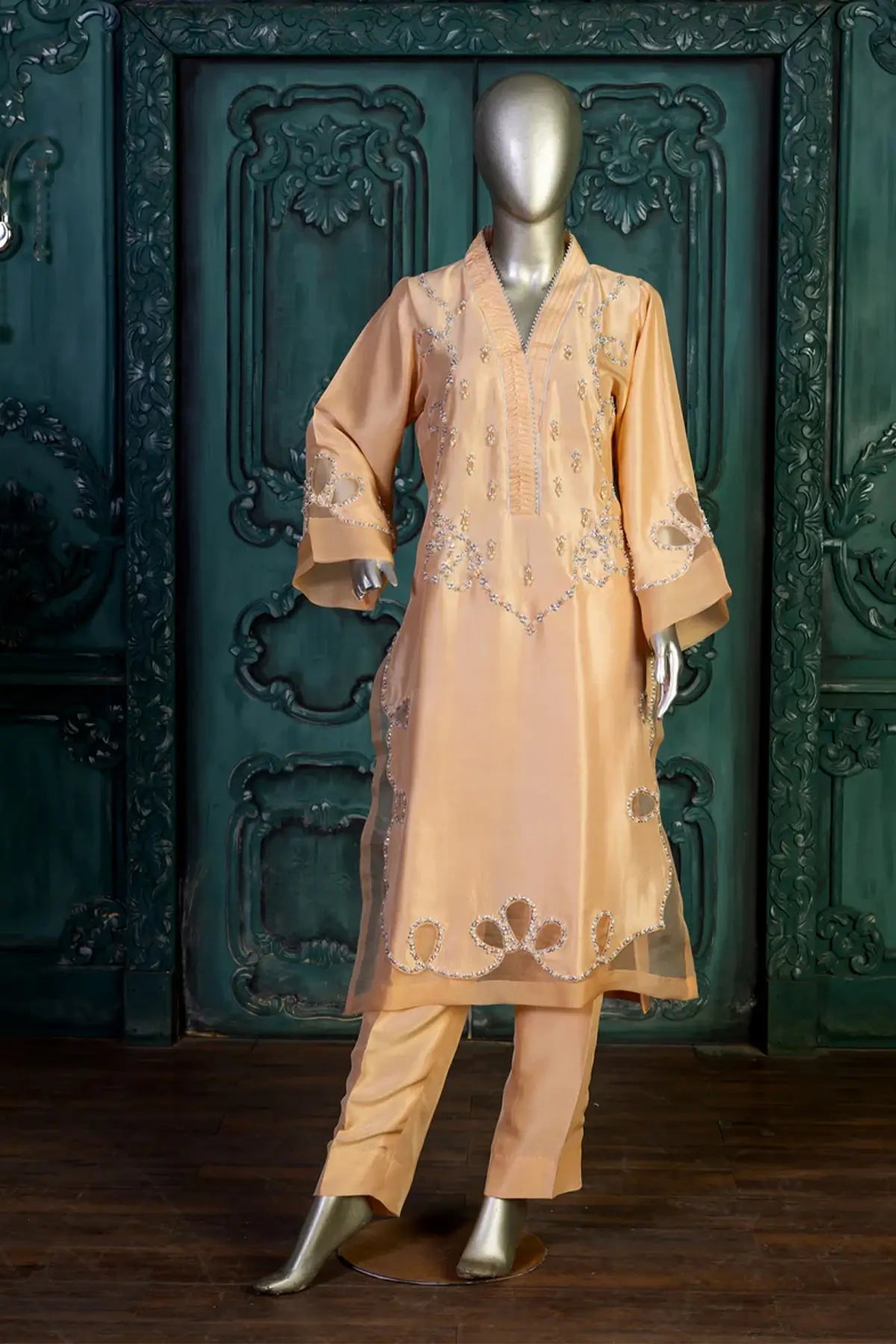 Sanam-Peach Silk Pakistani Designer Suit with Pearl, Stone & Sequin Handwork