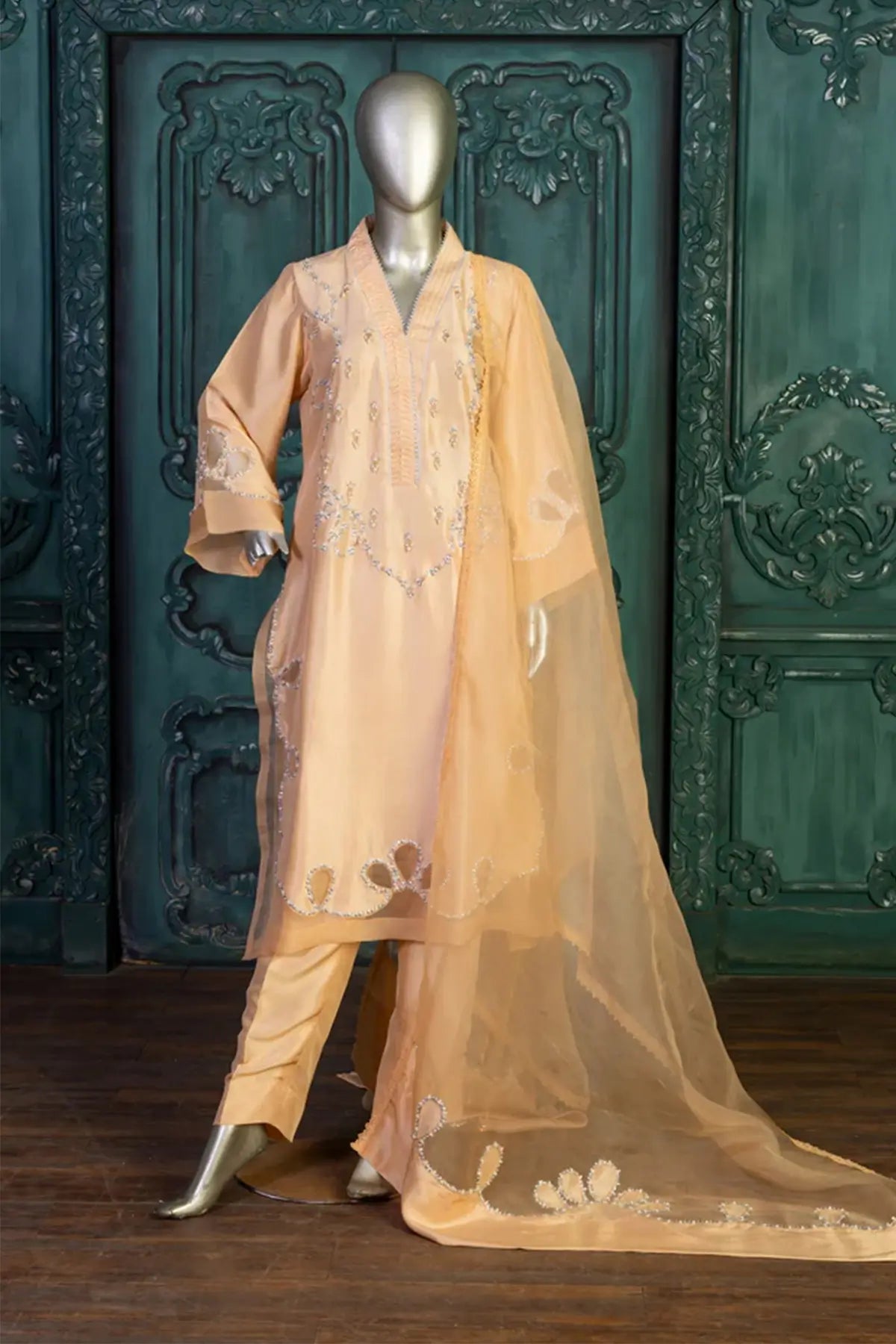 Sanam-Peach Silk Pakistani Designer Suit with Pearl, Stone & Sequin Handwork