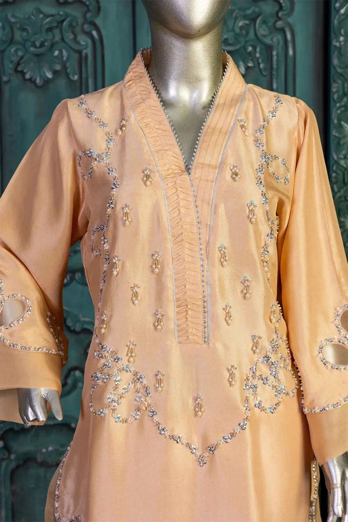 Sanam-Peach Silk Pakistani Designer Suit with Pearl, Stone & Sequin Handwork