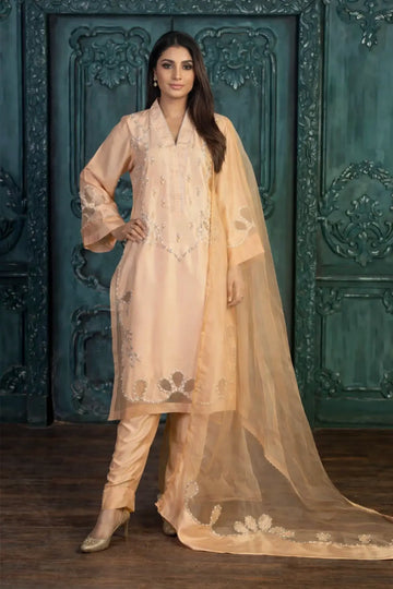 Sanam-Peach Silk Pakistani Designer Suit with Pearl, Stone & Sequin Handwork