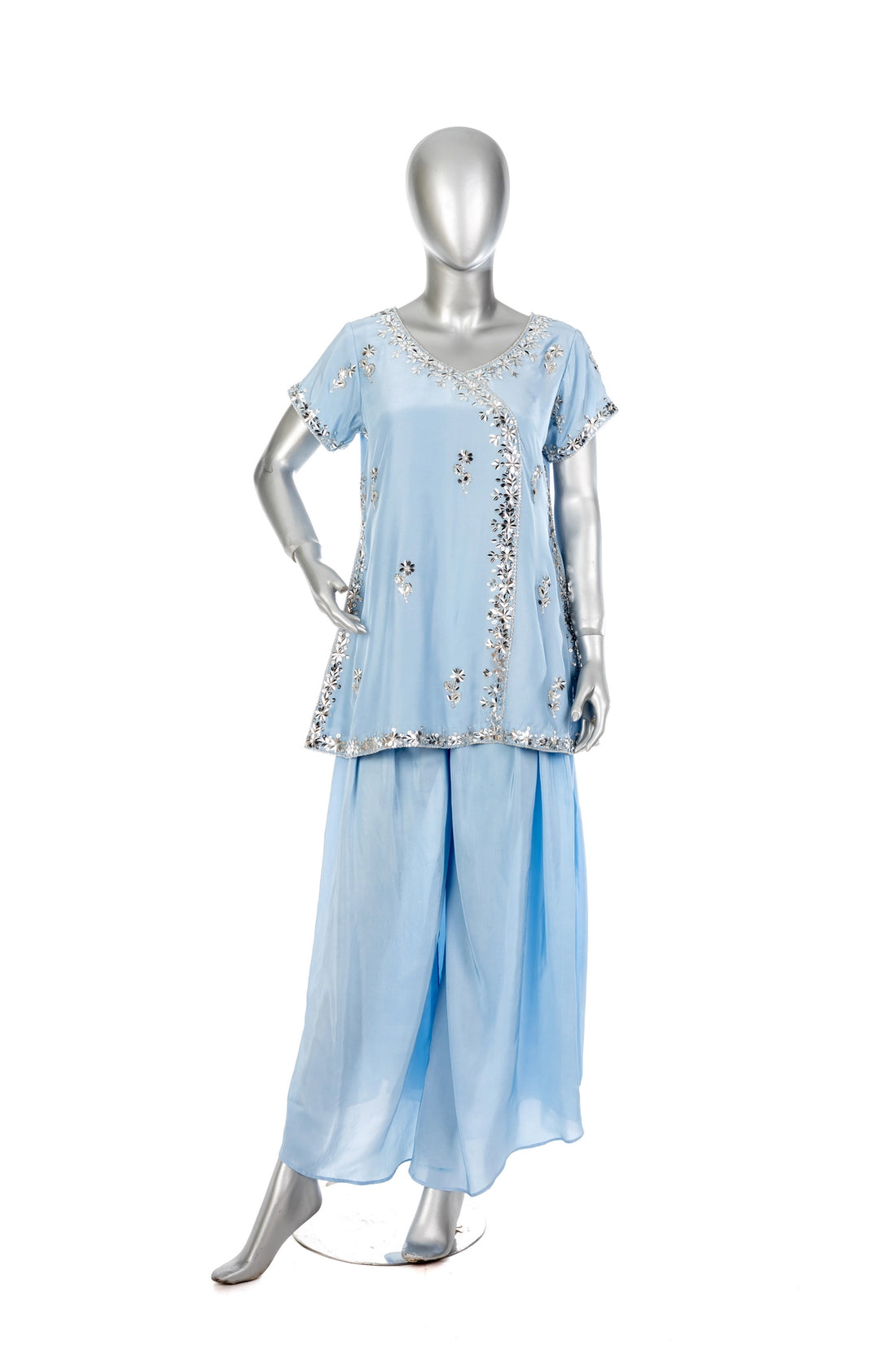 Sarah powder blue tassel silk suit with hand embellishment and elegant party wear styling by MariamRaj
