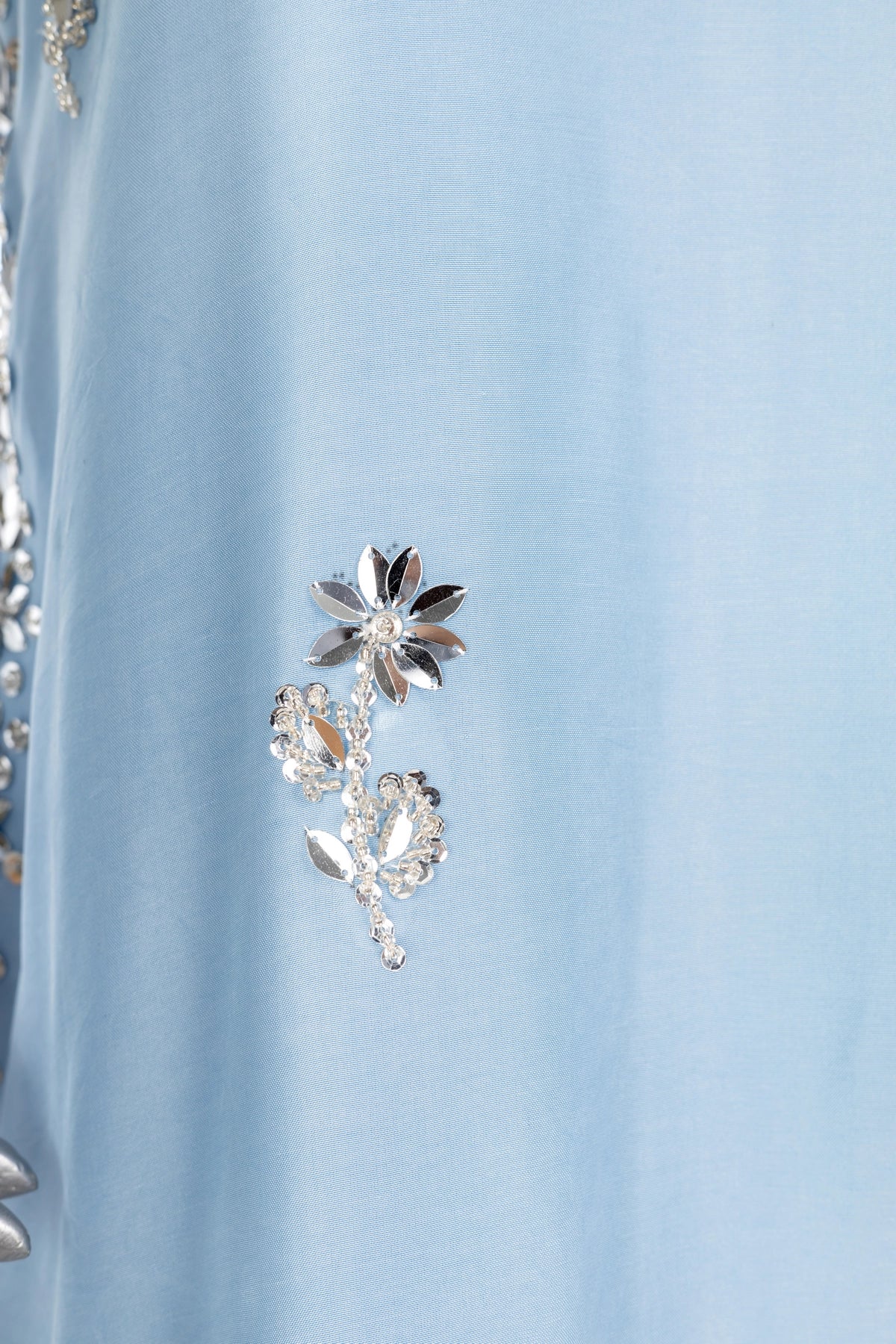Sarah powder blue tassel silk suit with hand embellishment and elegant party wear styling by MariamRaj
