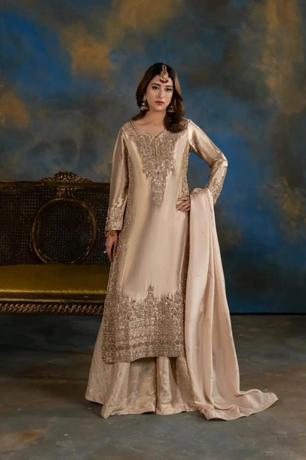 Seher dull gold embellished Indian tissue wedding suit with Jamawar silk palazzo and silk dupatta by MariamRaj