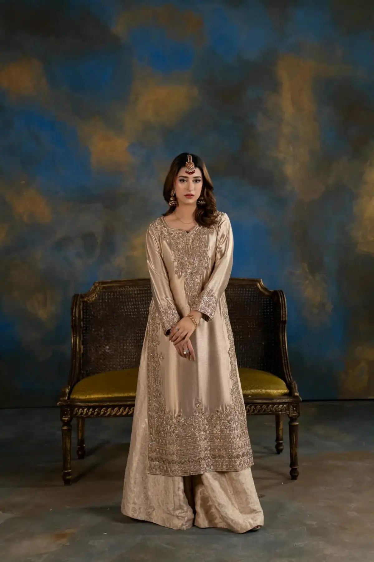 Seher dull gold embellished Indian tissue wedding suit with Jamawar silk palazzo and silk dupatta by MariamRaj