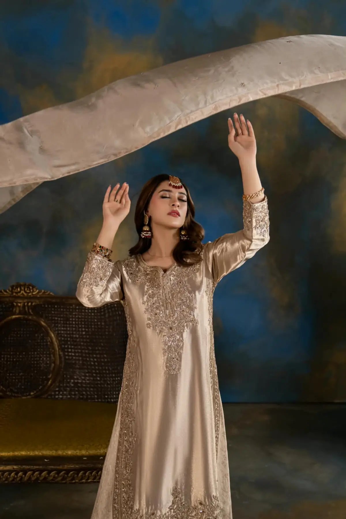 Seher dull gold embellished Indian tissue wedding suit with Jamawar silk palazzo and silk dupatta by MariamRaj