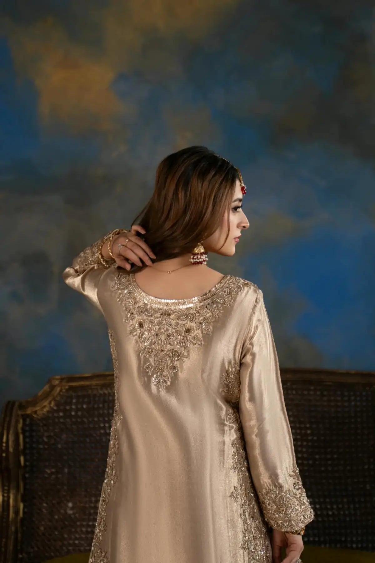 Seher dull gold embellished Indian tissue wedding suit with Jamawar silk palazzo and silk dupatta by MariamRaj