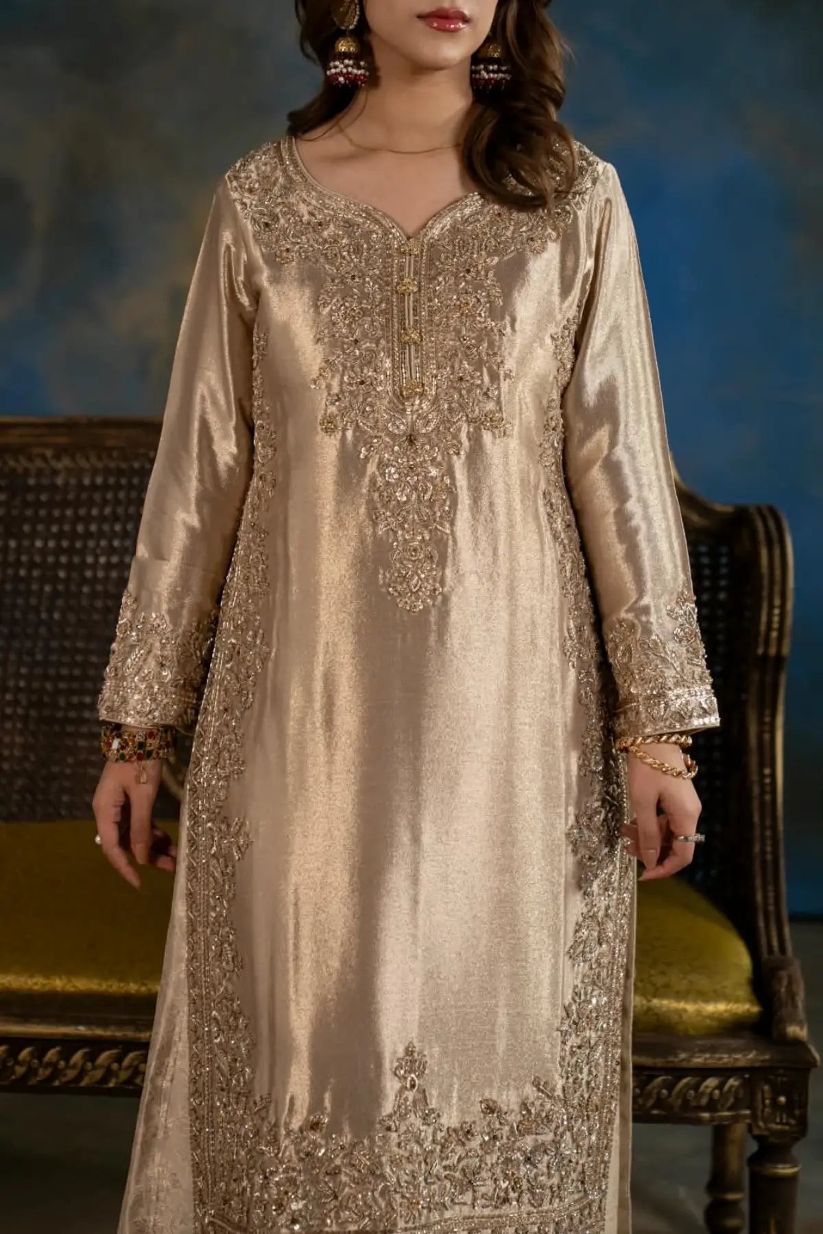 Seher dull gold embellished Indian tissue wedding suit with Jamawar silk palazzo and silk dupatta by MariamRaj