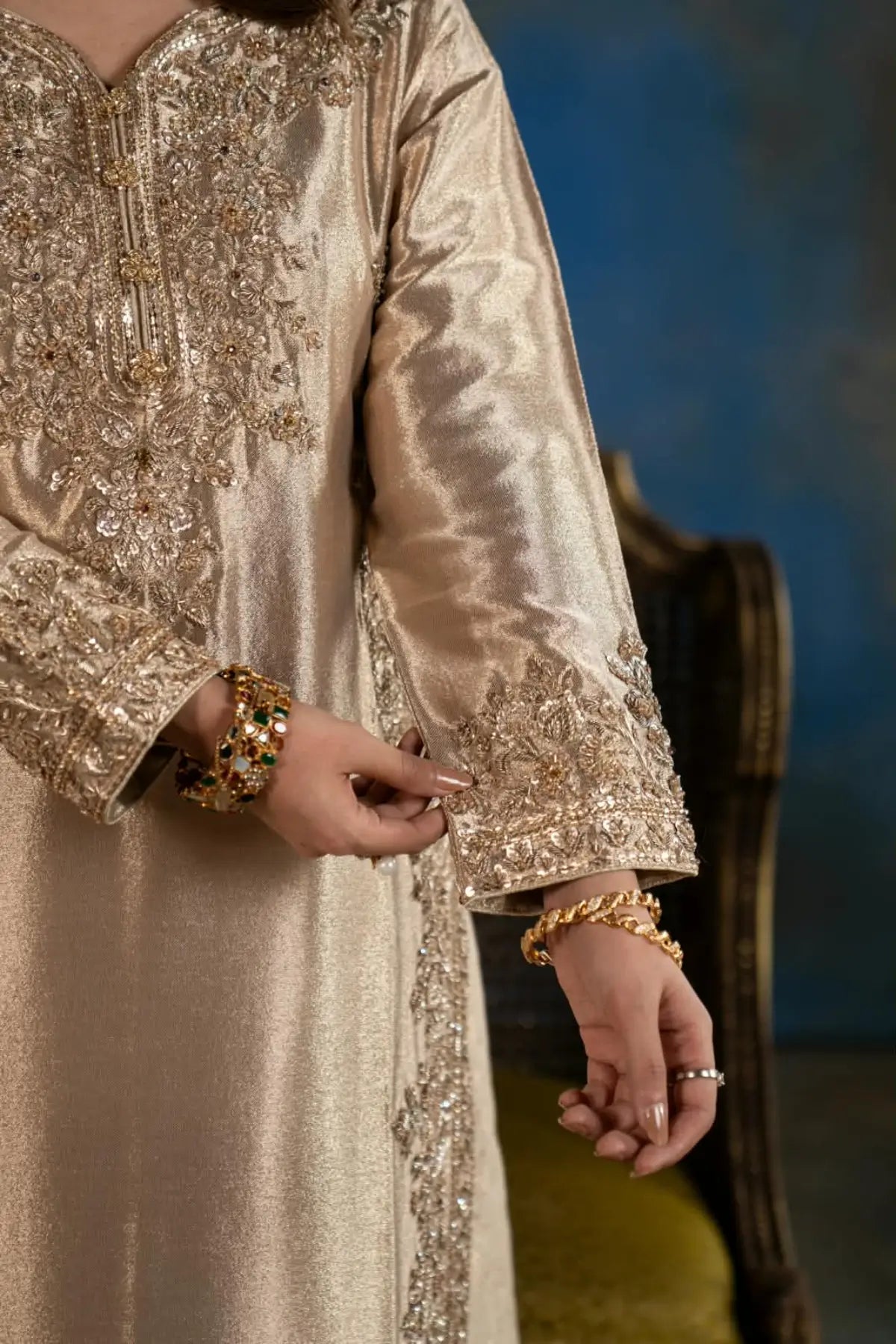Seher dull gold embellished Indian tissue wedding suit with Jamawar silk palazzo and silk dupatta by MariamRaj