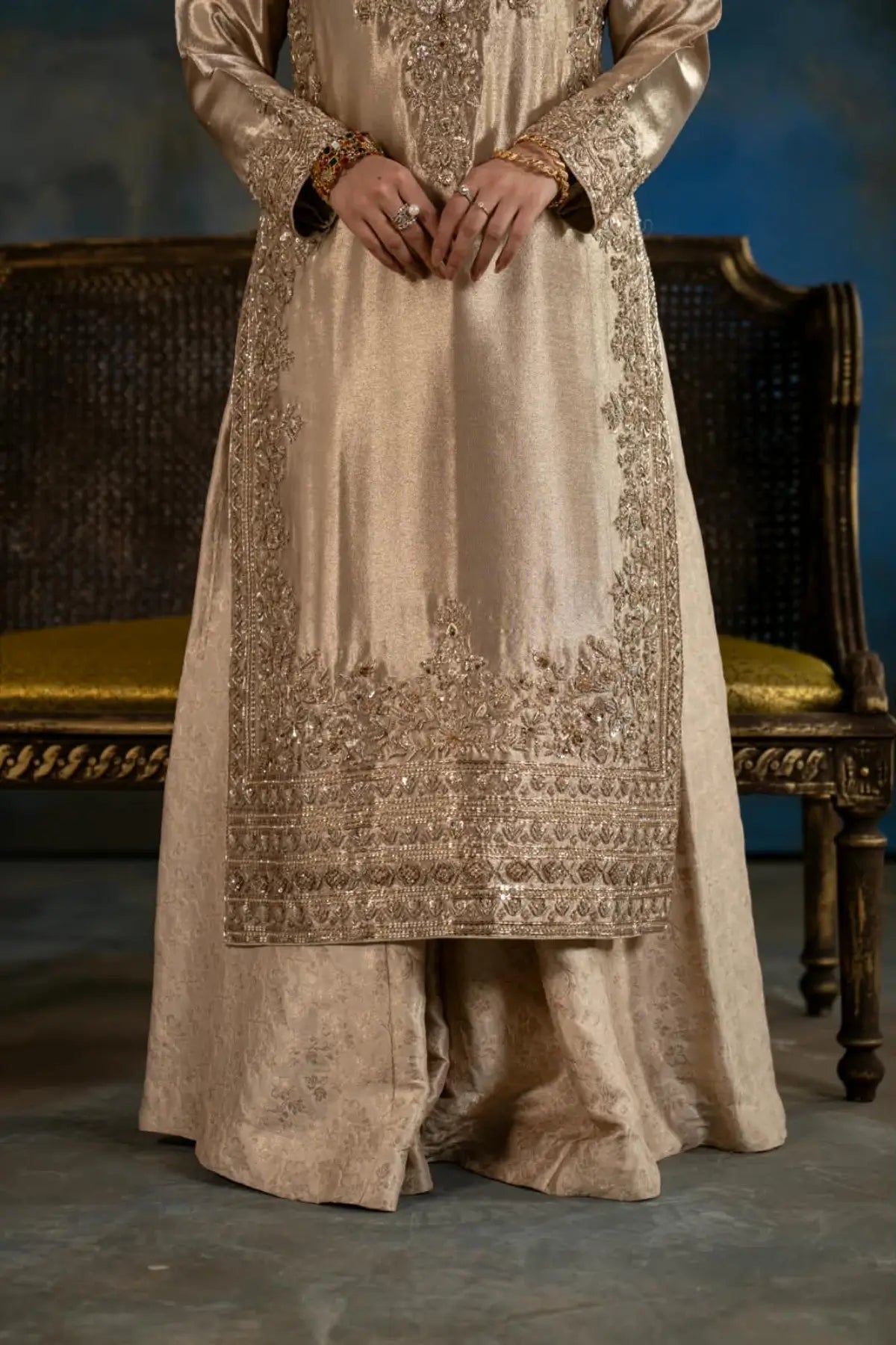 Seher dull gold embellished Indian tissue wedding suit with Jamawar silk palazzo and silk dupatta by MariamRaj