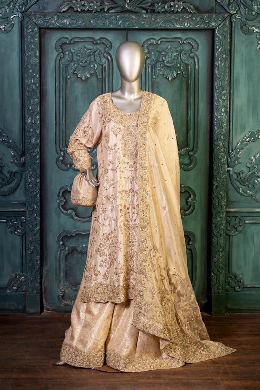 Heavily embroidered Pakistani bridal sharara dress with embellished dupatta – available for worldwide delivery including Canada, USA, UK.