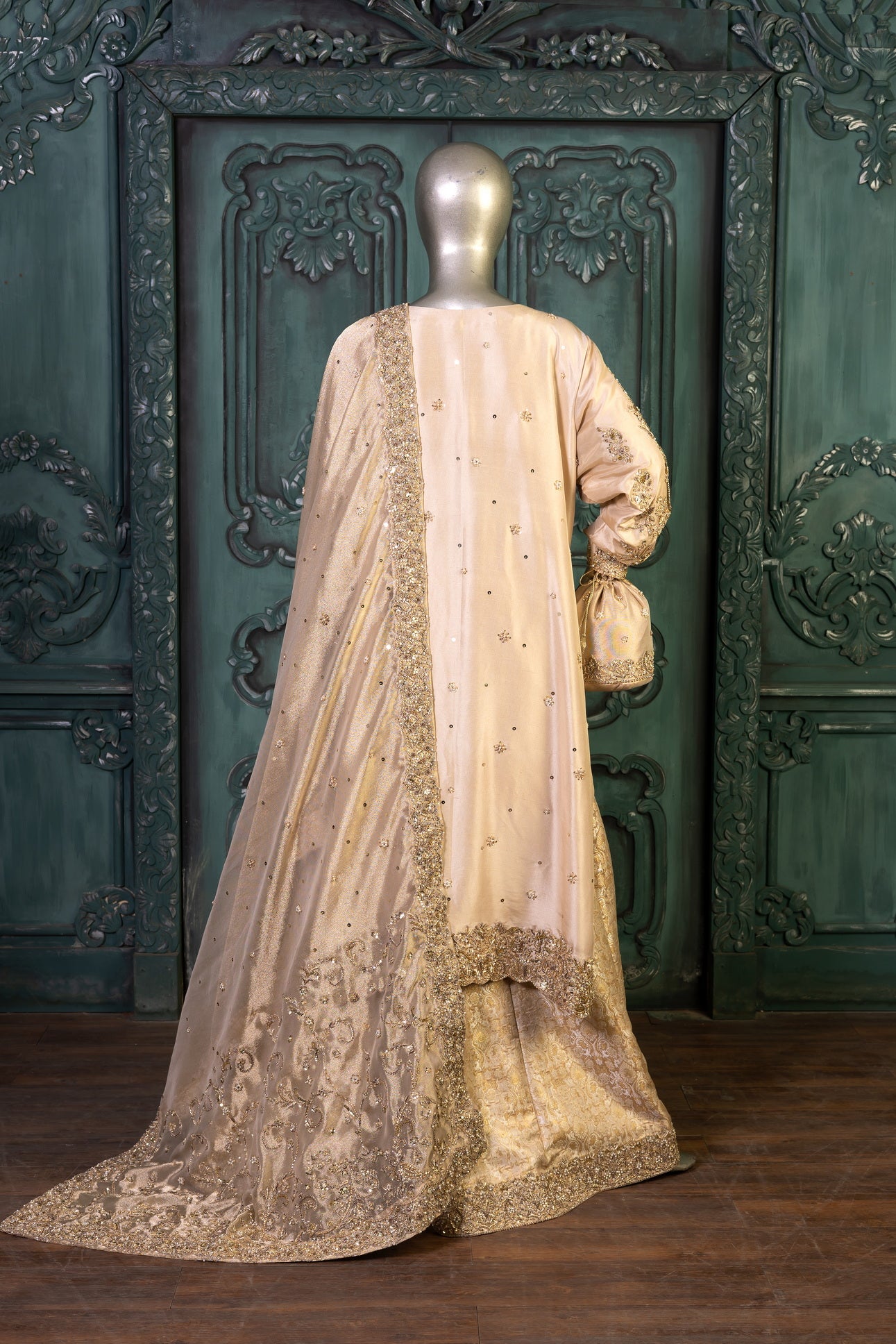 Heavily embroidered Pakistani bridal sharara dress with embellished dupatta – available for worldwide delivery including Canada, USA, UK.