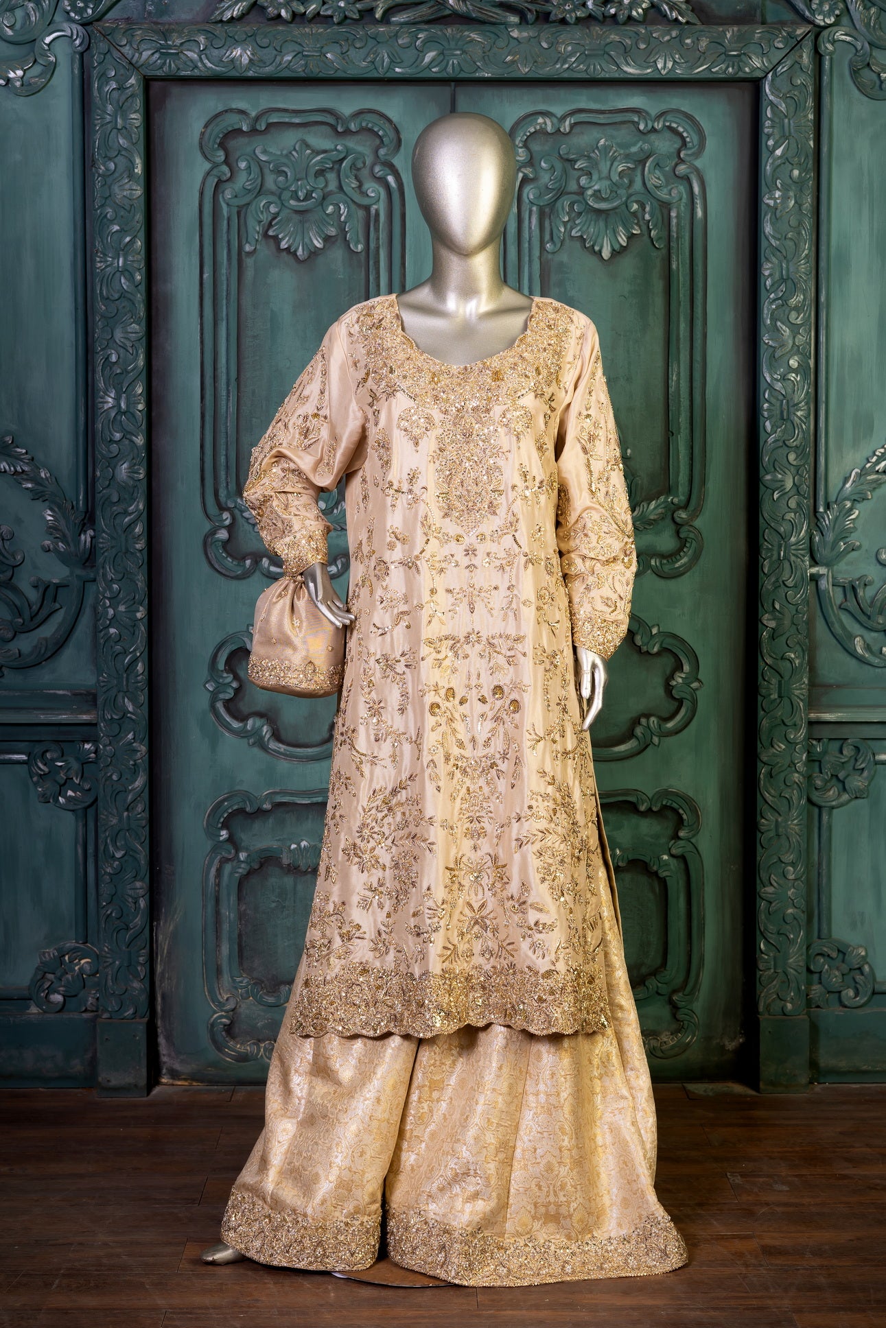 Heavily embroidered Pakistani bridal sharara dress with embellished dupatta – available for worldwide delivery including Canada, USA, UK.