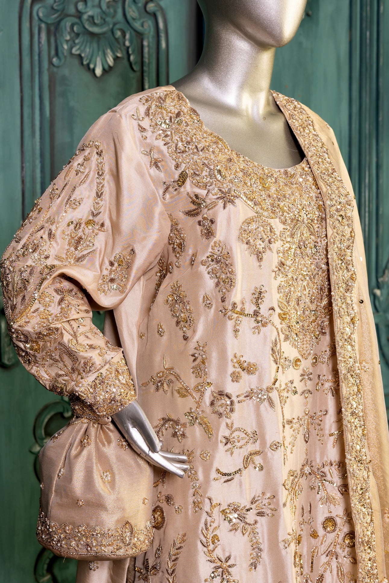 Heavily embroidered Pakistani bridal sharara dress with embellished dupatta – available for worldwide delivery including Canada, USA, UK.