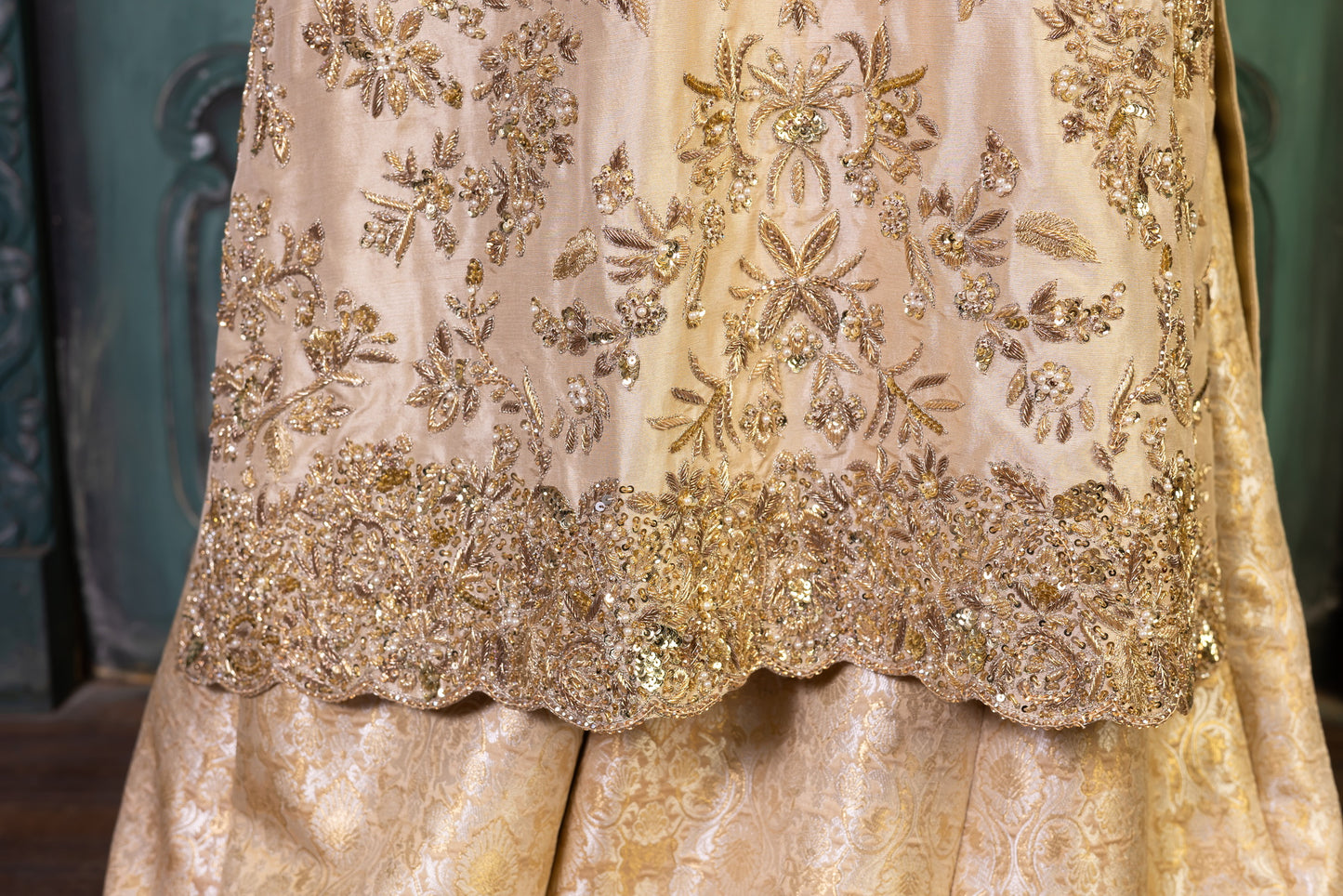 Heavily embroidered Pakistani bridal sharara dress with embellished dupatta – available for worldwide delivery including Canada, USA, UK.