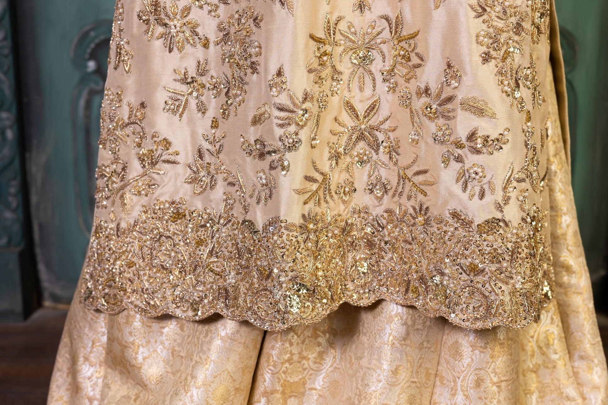 Heavily embroidered Pakistani bridal sharara dress with embellished dupatta – available for worldwide delivery including Canada, USA, UK.