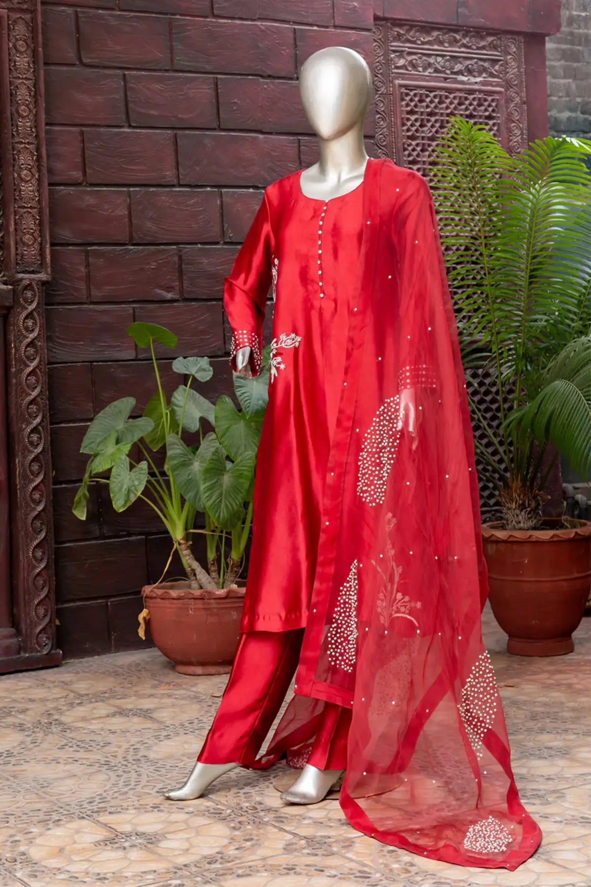 Shafaq – Red Sheesha Silk Dress with Organza Dupatta for Women