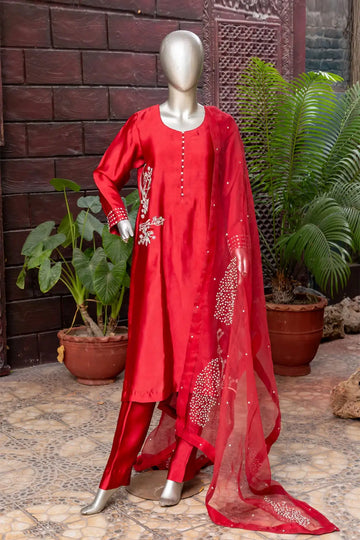 Shafaq – Red Sheesha Silk Dress with Organza Dupatta for Women