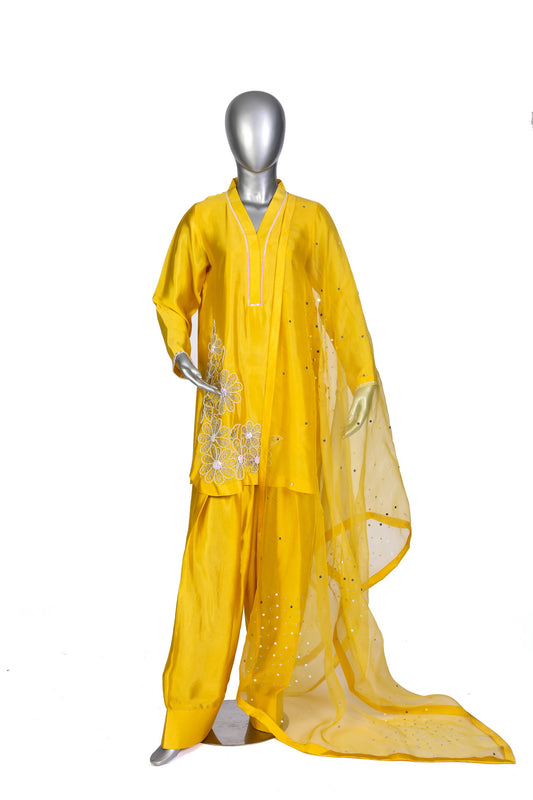 Shamsa by MariamRaj – Yellow Silk Party Wear Outfit with Sheesha Work, Hand Embroidery, Farshi Shalwar & Organza Dupatta for Evening Events