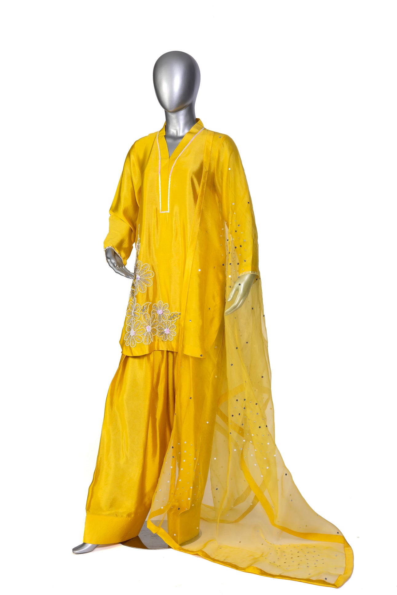 Shamsa by MariamRaj – Yellow Silk Party Wear Outfit with Sheesha Work, Hand Embroidery, Farshi Shalwar & Organza Dupatta for Evening Events
