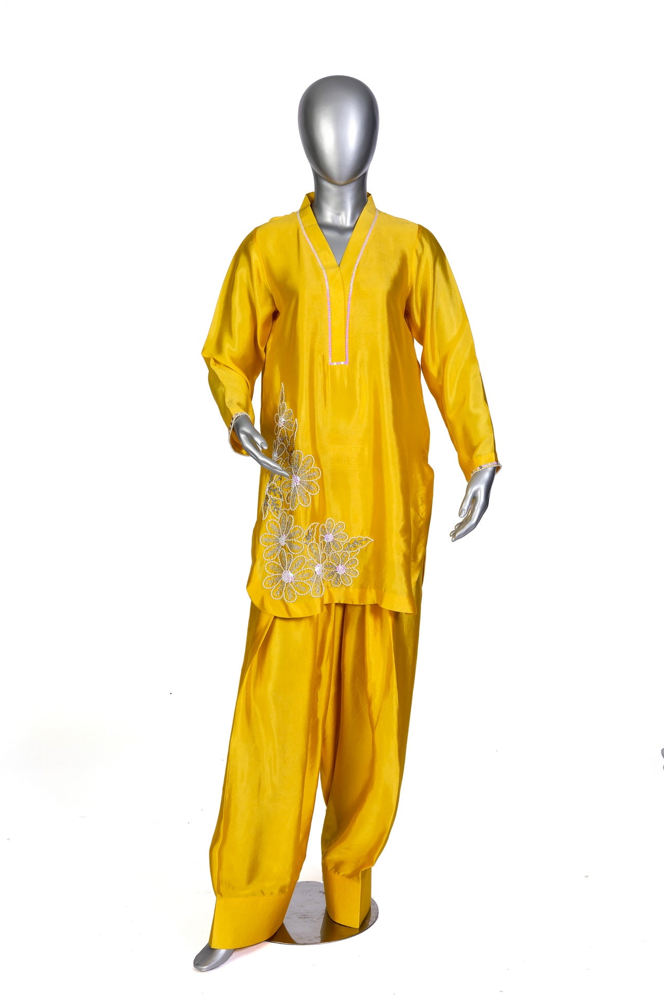 Shamsa by MariamRaj – Yellow Silk Party Wear Outfit with Sheesha Work, Hand Embroidery, Farshi Shalwar & Organza Dupatta for Evening Events