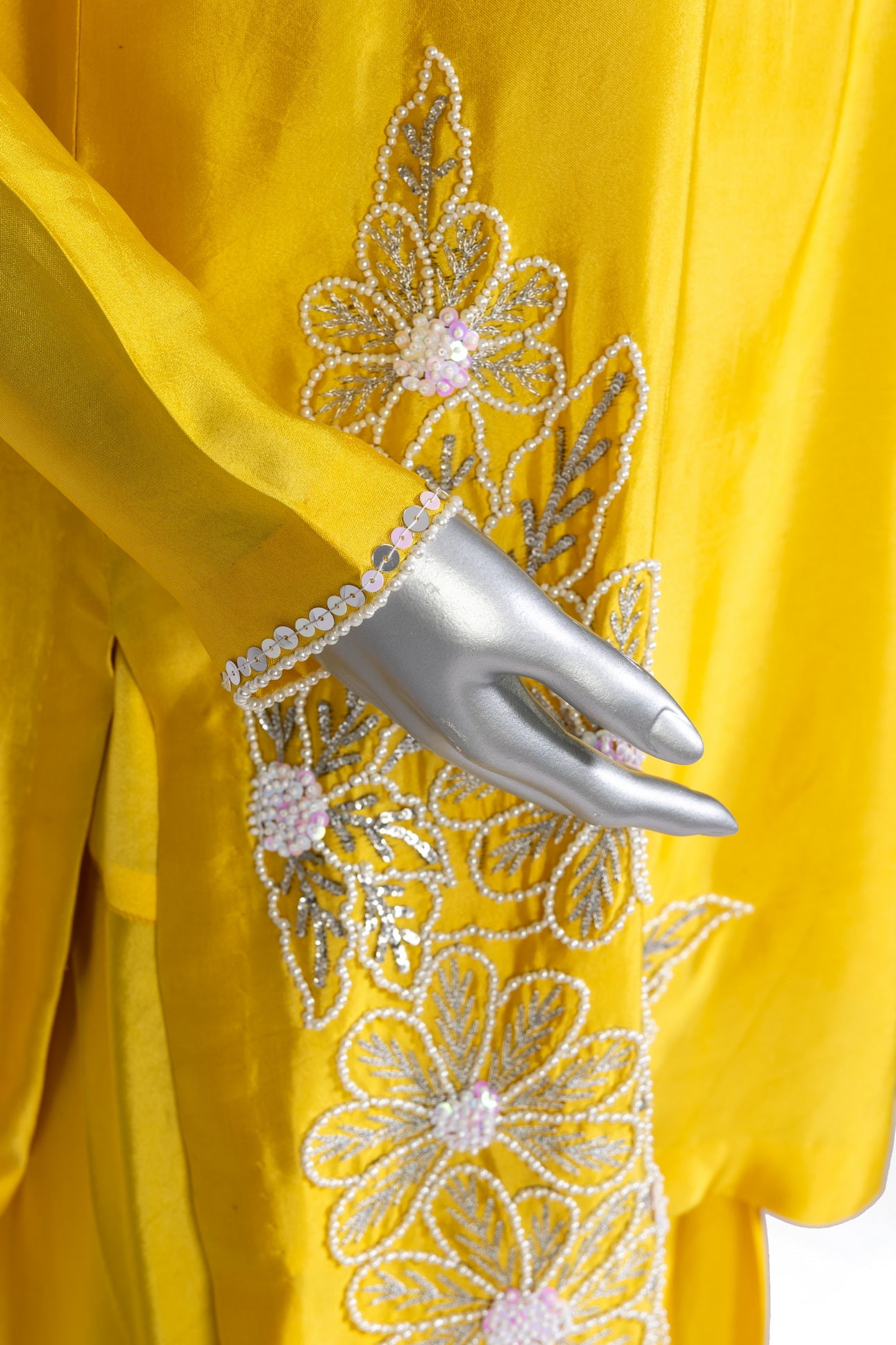Shamsa by MariamRaj – Yellow Silk Party Wear Outfit with Sheesha Work, Hand Embroidery, Farshi Shalwar & Organza Dupatta for Evening Events