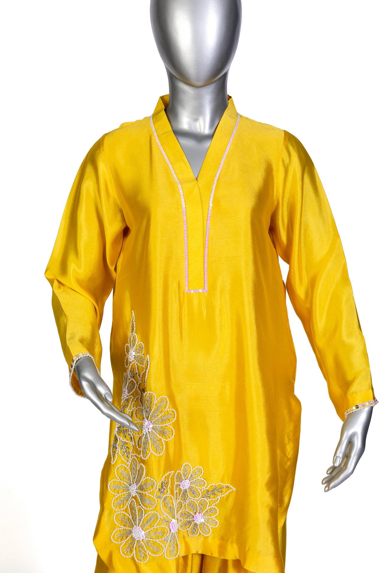 Shamsa by MariamRaj – Yellow Silk Party Wear Outfit with Sheesha Work, Hand Embroidery, Farshi Shalwar & Organza Dupatta for Evening Events