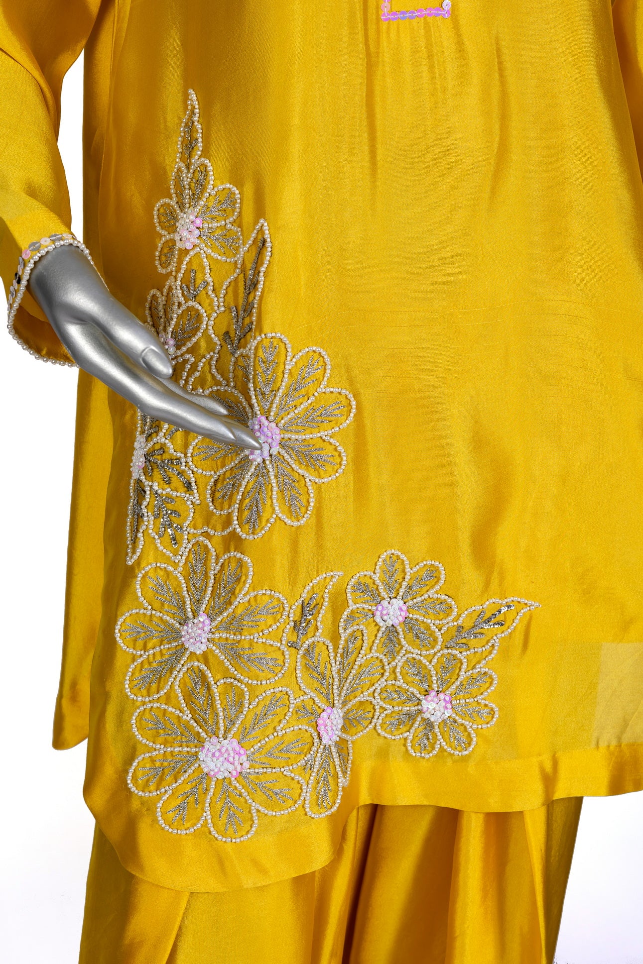 Shamsa by MariamRaj – Yellow Silk Party Wear Outfit with Sheesha Work, Hand Embroidery, Farshi Shalwar & Organza Dupatta for Evening Events