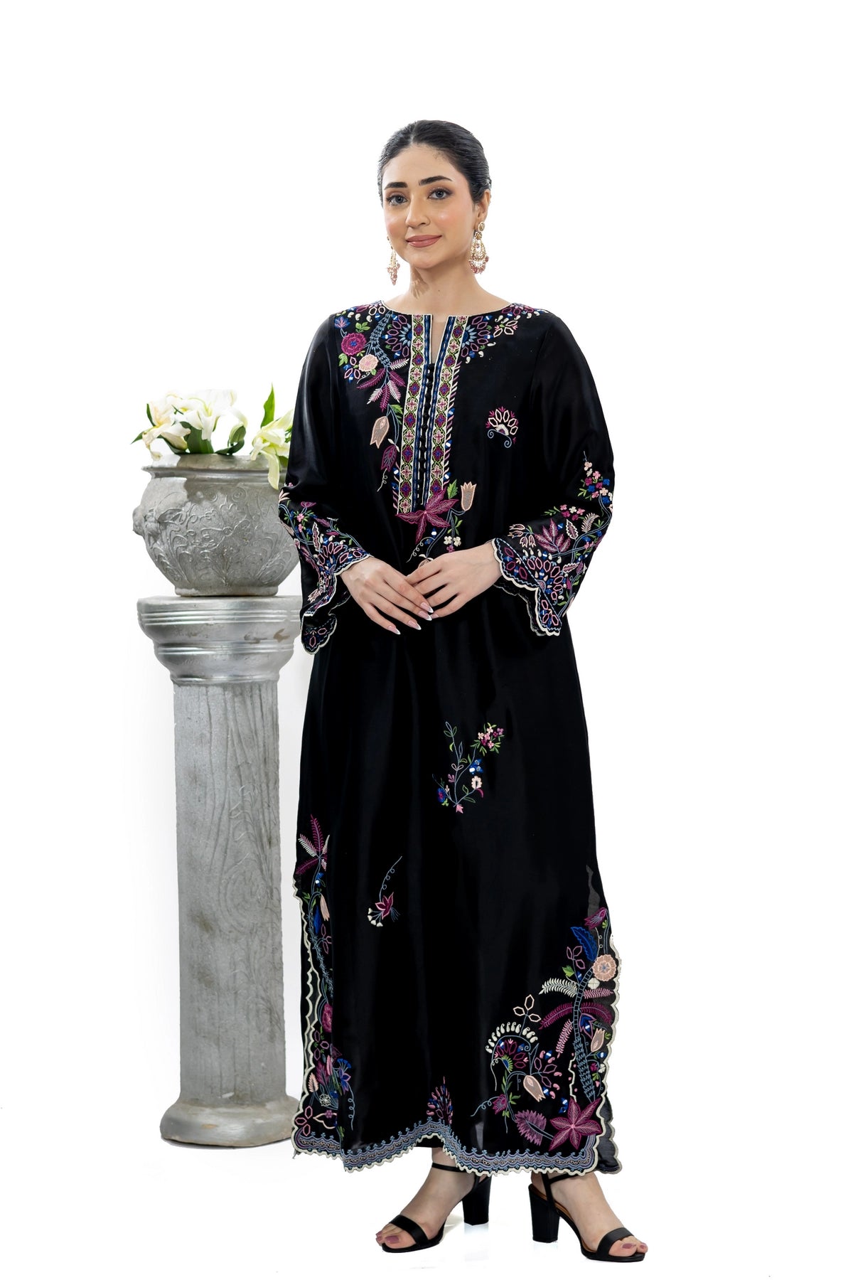 Sijjal black Sheesha silk embroidered kaftan with Korean silk pants and chiffon dupatta by MariamRaj