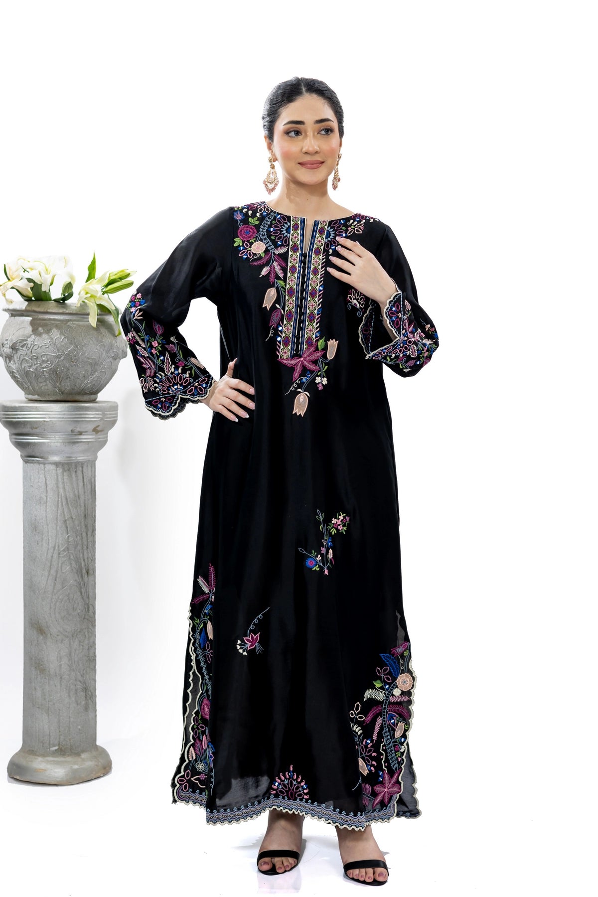 Sijjal black Sheesha silk embroidered kaftan with Korean silk pants and chiffon dupatta by MariamRaj