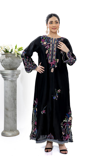 Sijjal black Sheesha silk embroidered kaftan with Korean silk pants and chiffon dupatta by MariamRaj