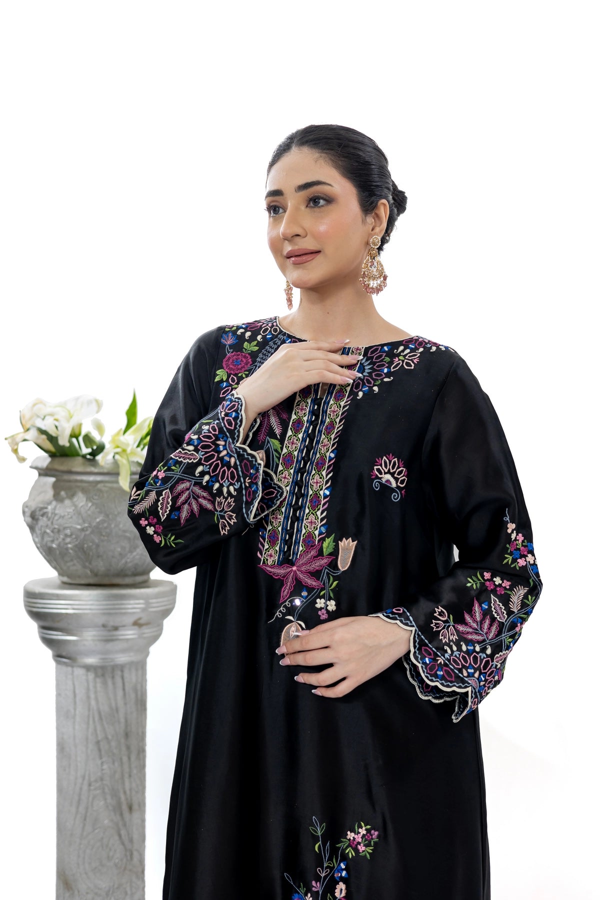 Sijjal black Sheesha silk embroidered kaftan with Korean silk pants and chiffon dupatta by MariamRaj