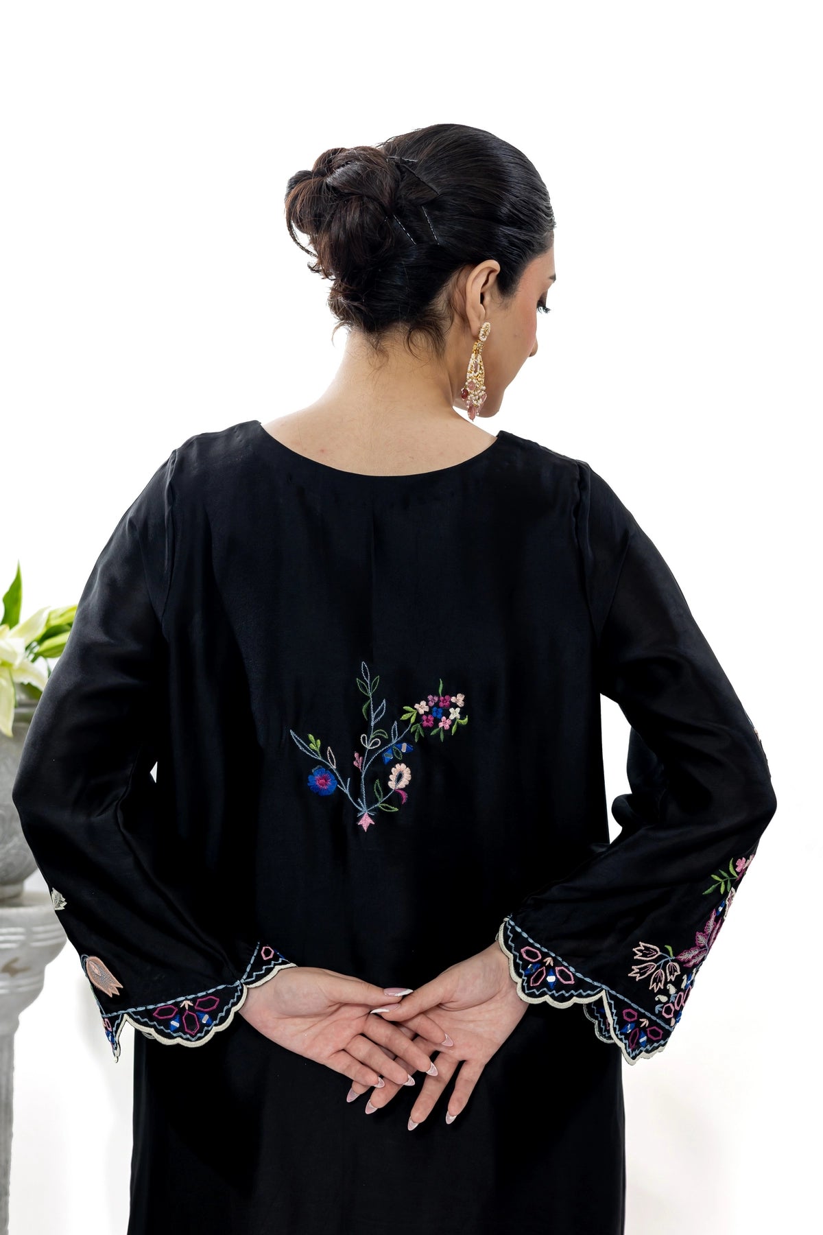 Sijjal black Sheesha silk embroidered kaftan with Korean silk pants and chiffon dupatta by MariamRaj