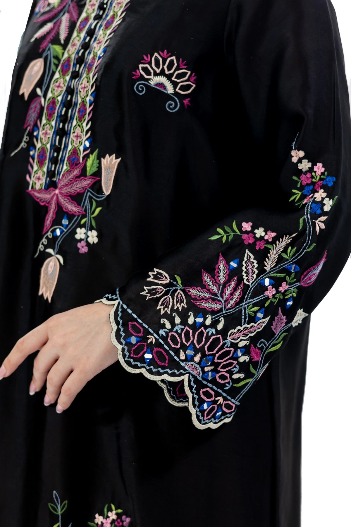 Sijjal black Sheesha silk embroidered kaftan with Korean silk pants and chiffon dupatta by MariamRaj
