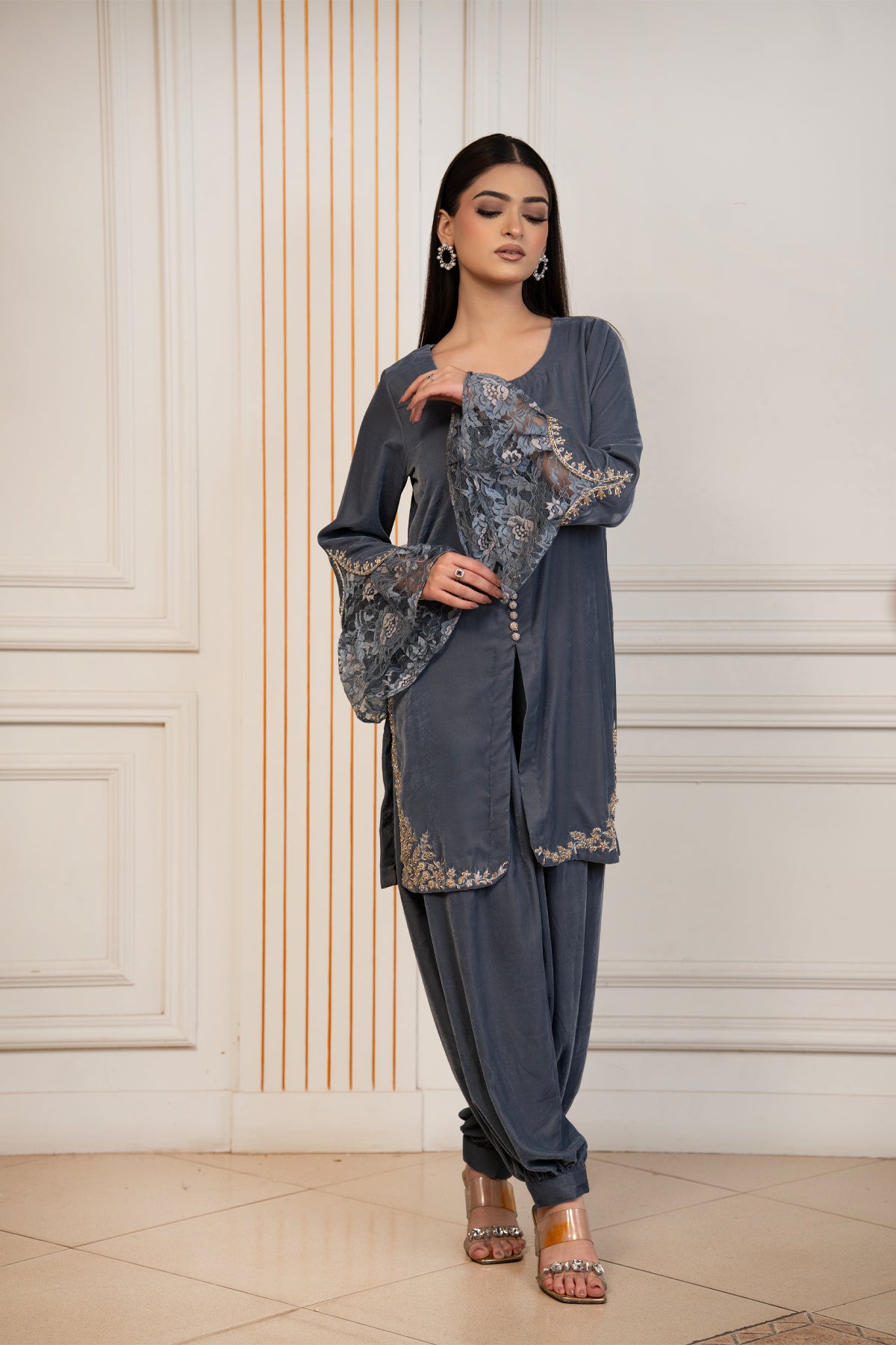 Silver Muse grey pure velvet winter co-ord set with floral lace bell sleeves and gold embroidery by MariamRaj