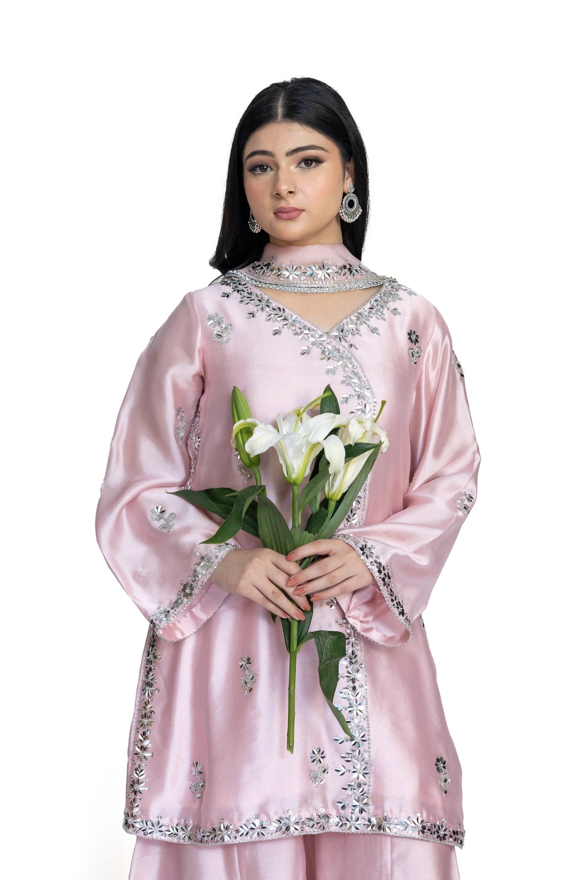Simran powder pink Sheesha silk stitched 3PC suit with handwork and pre-stitched organza dupatta from Soroya by MariamRaj