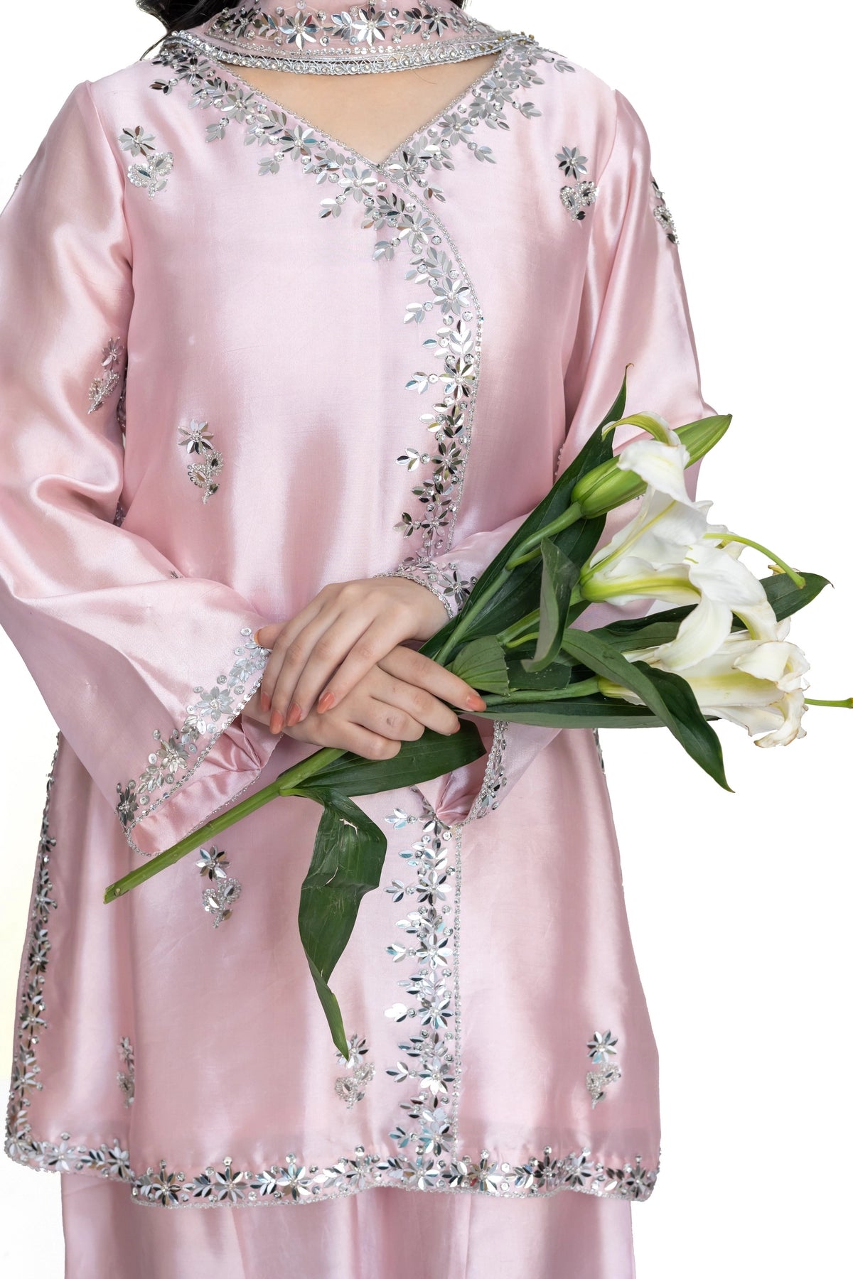 Simran powder pink Sheesha silk stitched 3PC suit with handwork and pre-stitched organza dupatta from Soroya by MariamRaj
