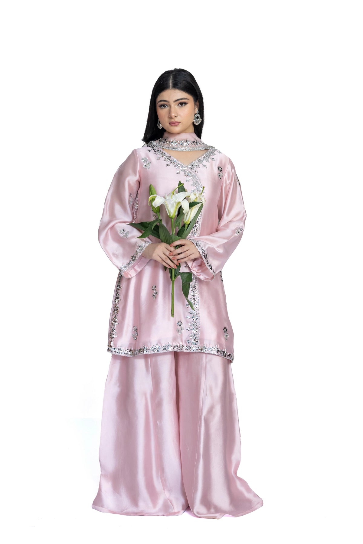 Simran powder pink Sheesha silk stitched 3PC suit with handwork and pre-stitched organza dupatta from Soroya by MariamRaj