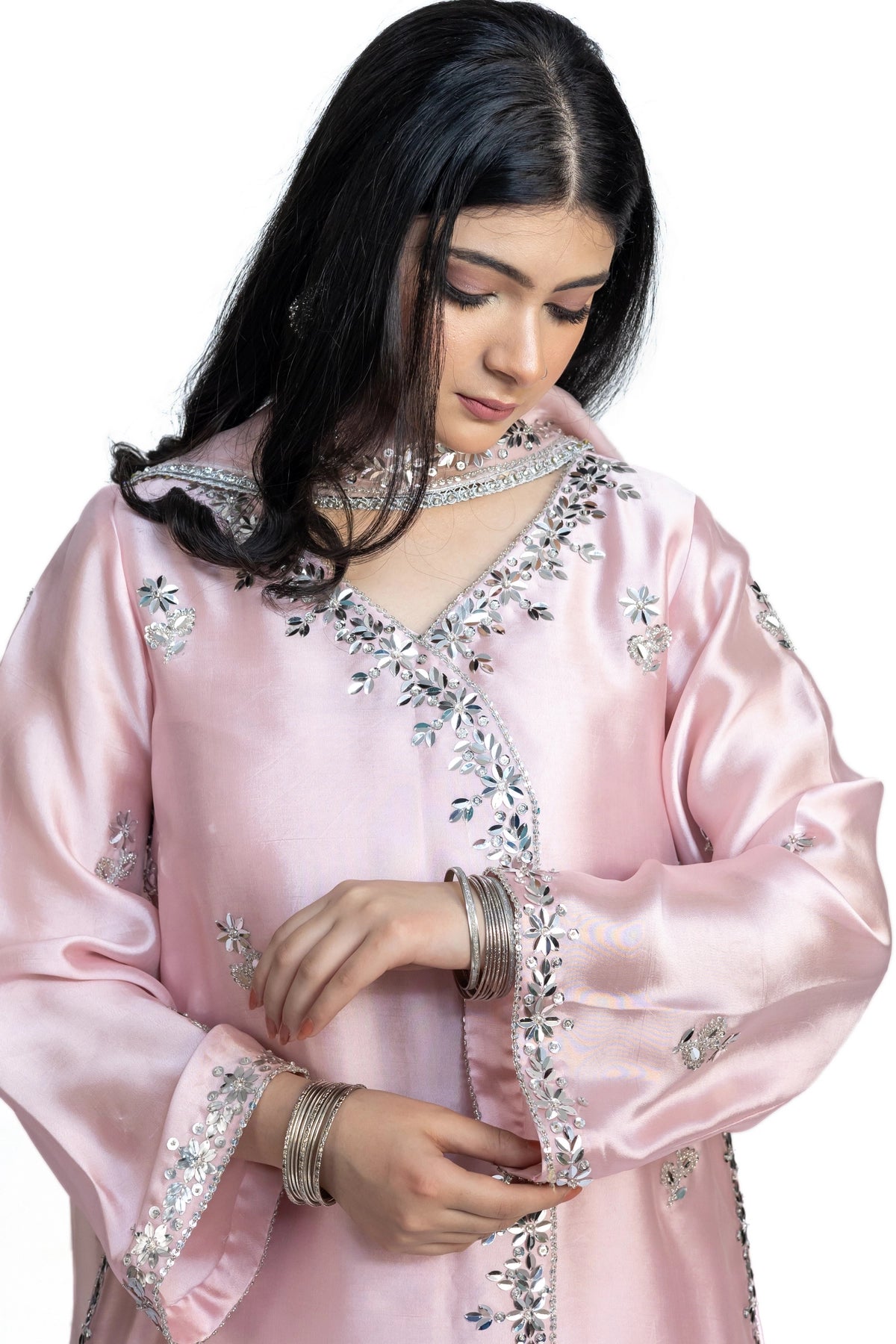 Simran powder pink Sheesha silk stitched 3PC suit with handwork and pre-stitched organza dupatta from Soroya by MariamRaj