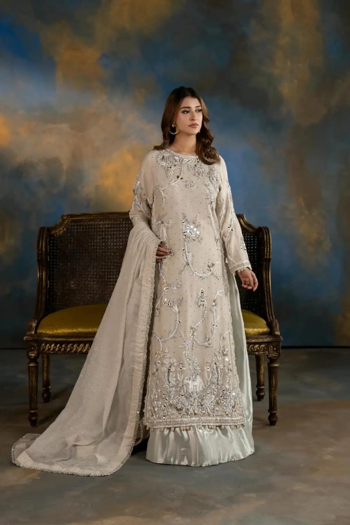 Sitara pearl white Resham handworked Khaadi net formal lehenga with Kamdani dupatta by MariamRaj