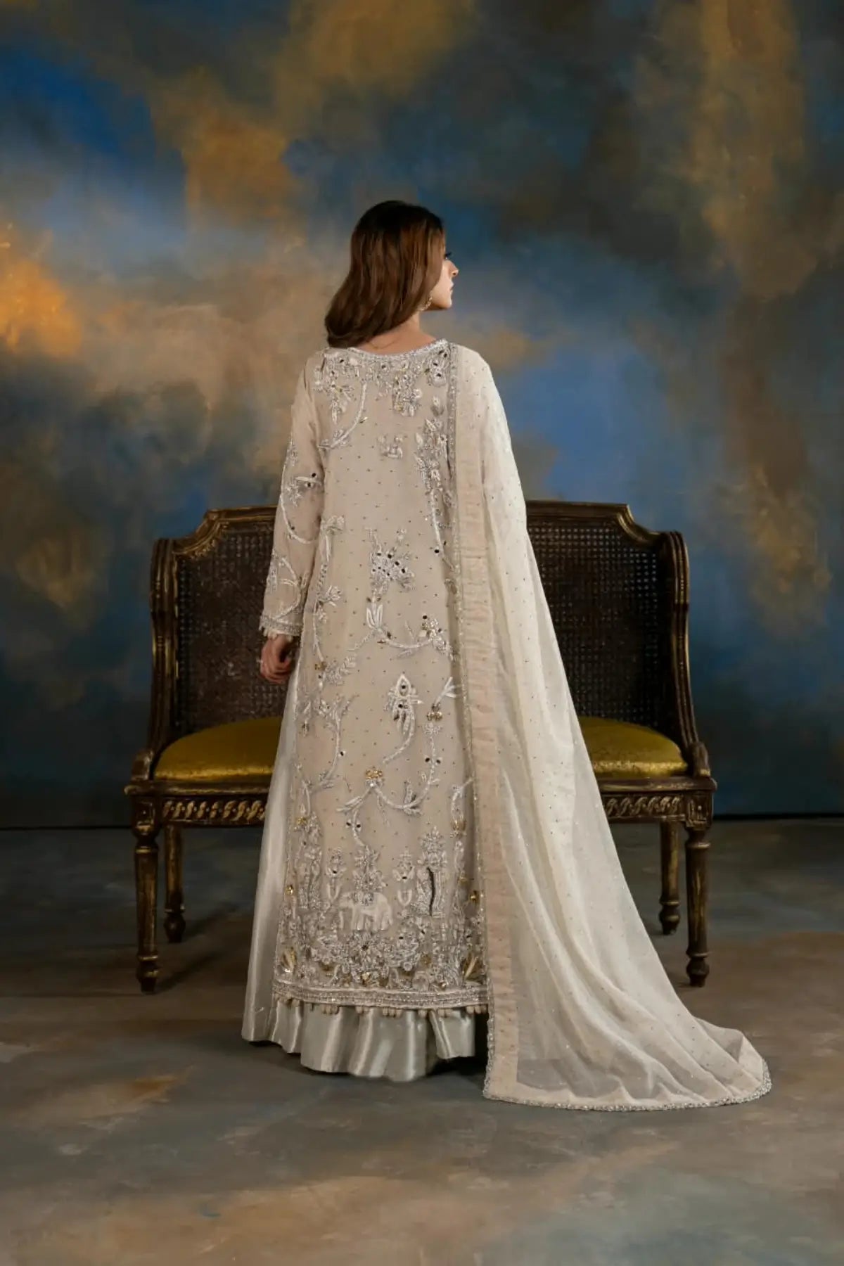 Sitara pearl white Resham handworked Khaadi net formal lehenga with Kamdani dupatta by MariamRaj