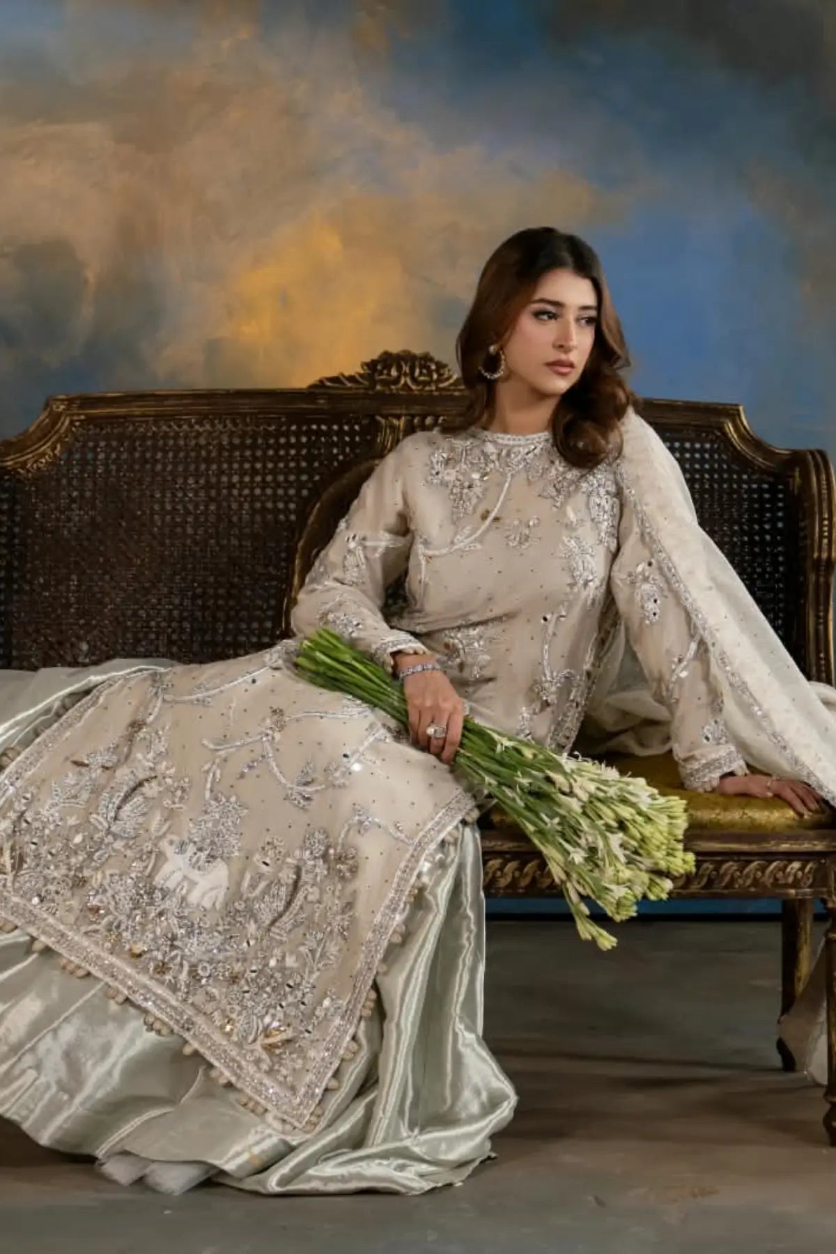 Sitara pearl white Resham handworked Khaadi net formal lehenga with Kamdani dupatta by MariamRaj