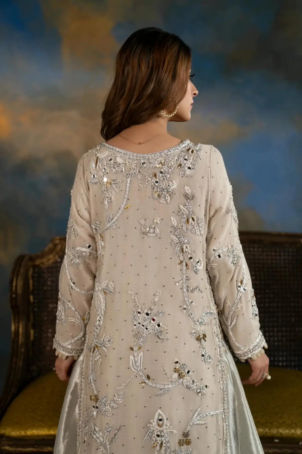Sitara pearl white Resham handworked Khaadi net formal lehenga with Kamdani dupatta by MariamRaj