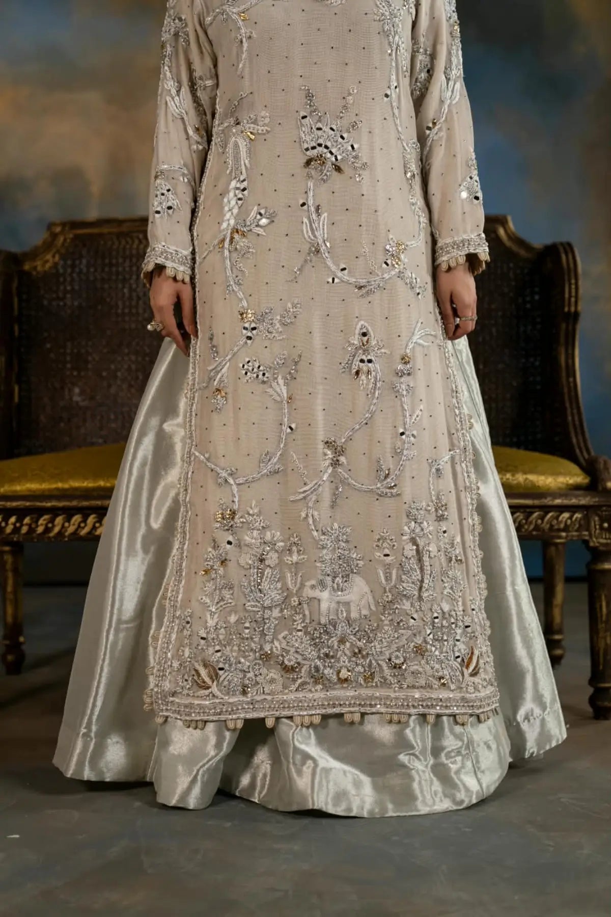 Sitara pearl white Resham handworked Khaadi net formal lehenga with Kamdani dupatta by MariamRaj