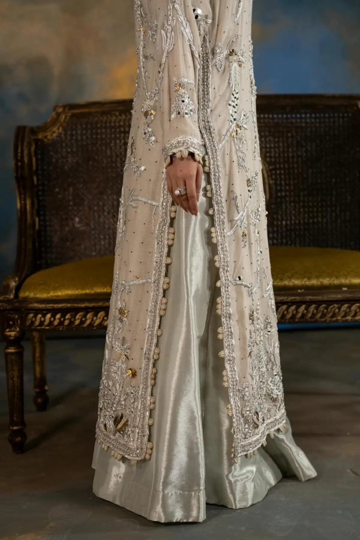 Sitara pearl white Resham handworked Khaadi net formal lehenga with Kamdani dupatta by MariamRaj