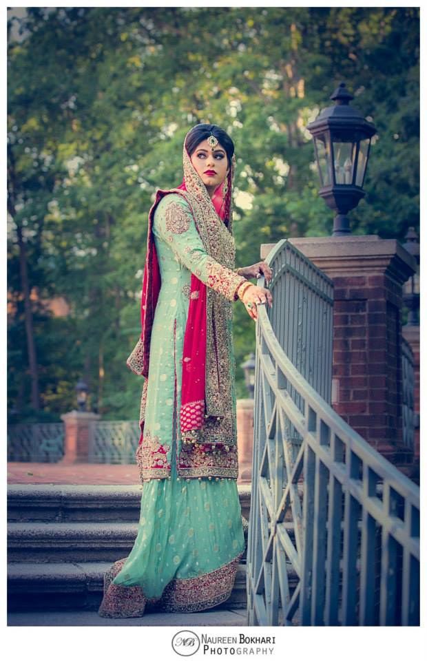 Skyline Charm bridal outfit by MariamRaj featuring mint green embroidered chiffon shirt, embellished lehenga, and deep red dupatta with tassels – custom stitched for Pakistani weddings.
