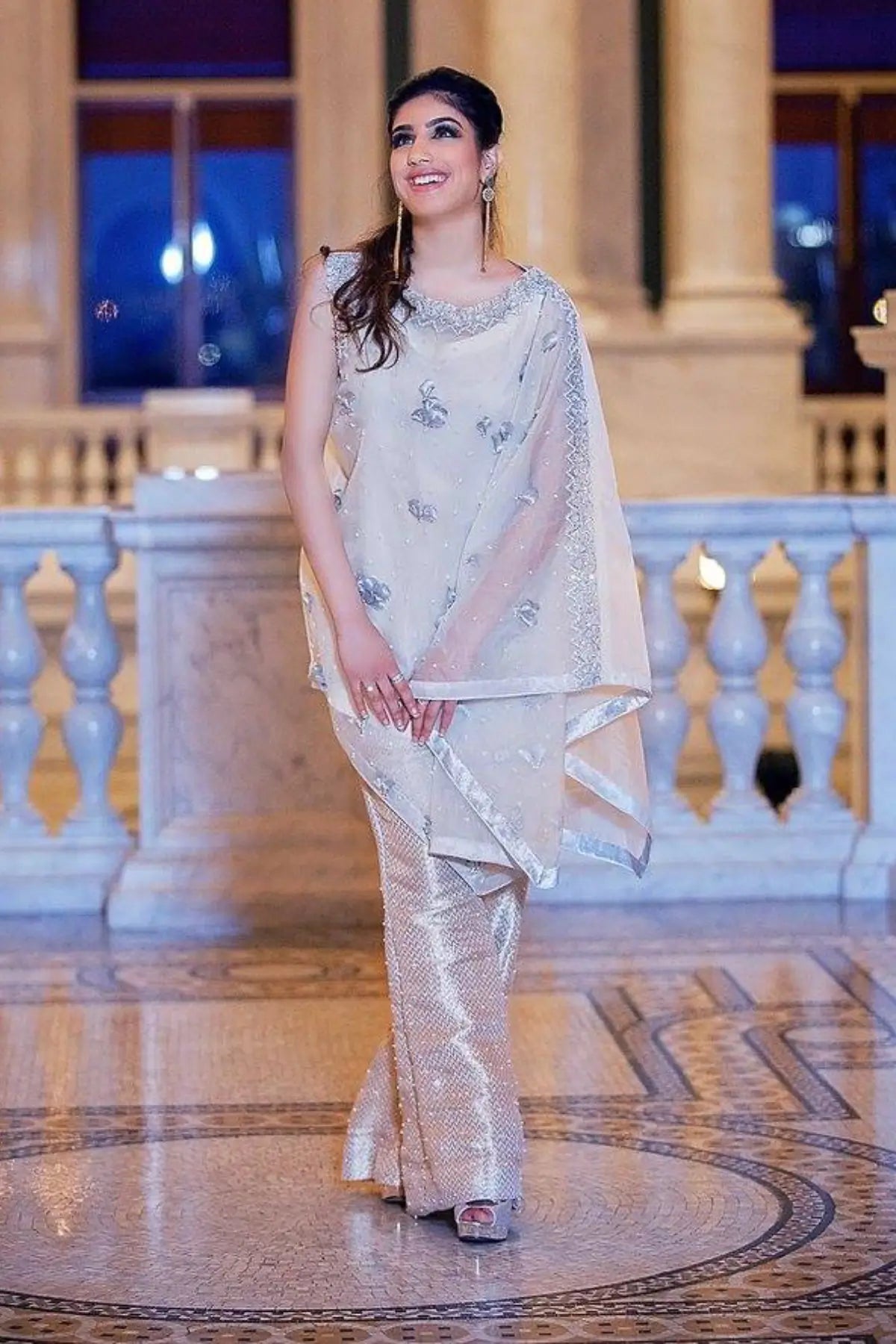 Snow White- Organza Kaftan with Jamawar Pants