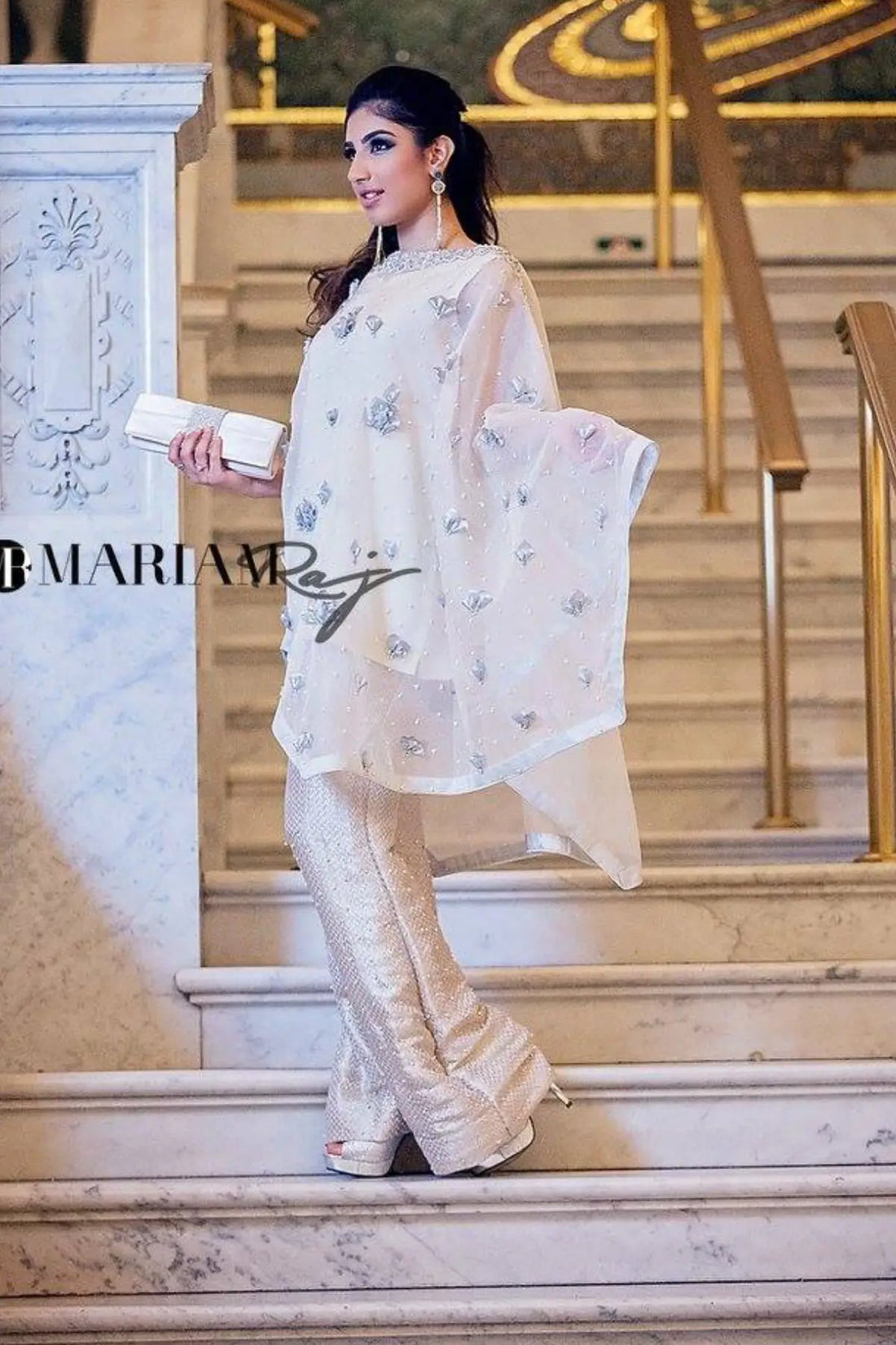 Snow White- Organza Kaftan with Jamawar Pants