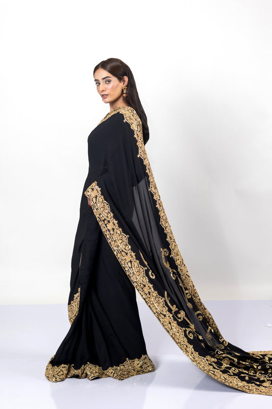 Sofi Black Saree with Gold Handwork by MariamRaj for Bridal Events